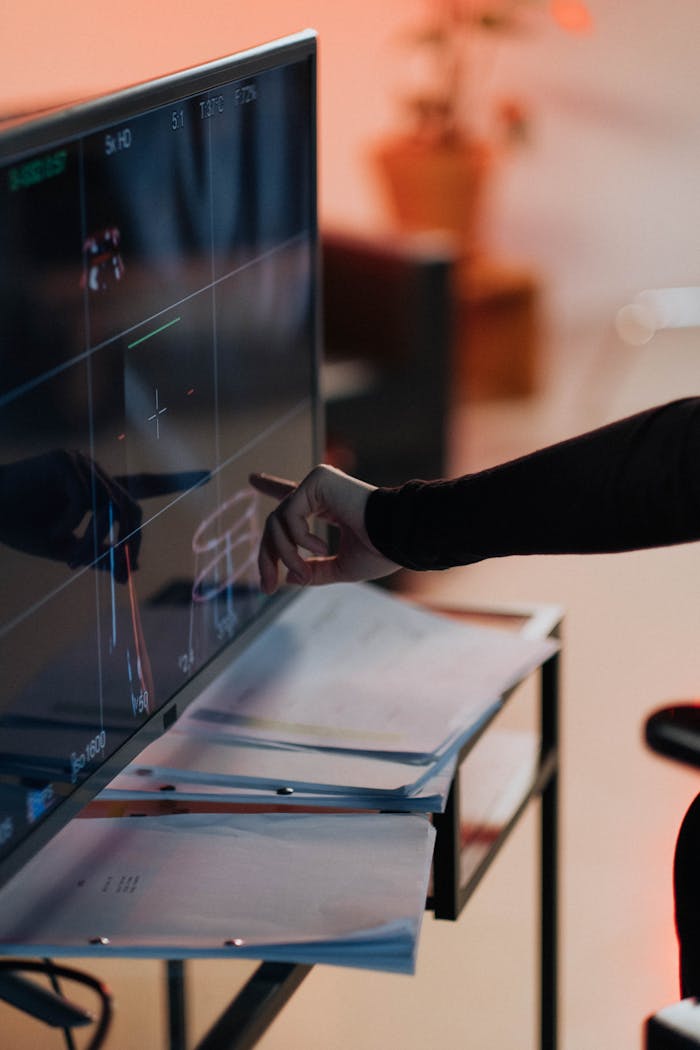 A hand interacts with a touchscreen, suggesting modern technology and innovation.